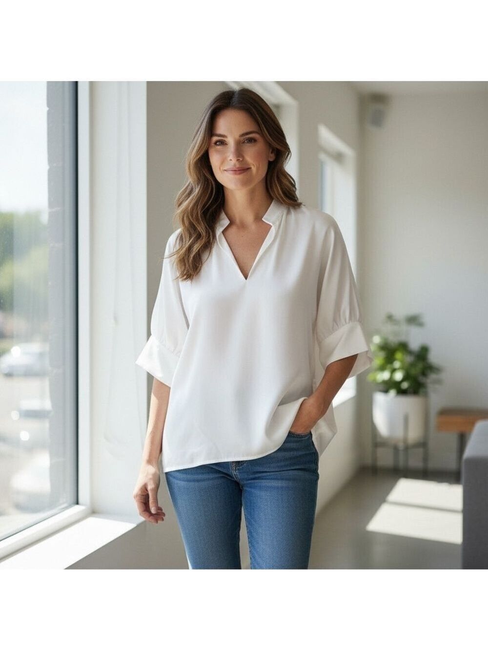 Hazel Large White Satin V-Neck Blouse